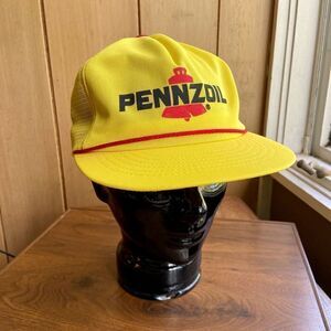 VTG 1980s PENNZOIL Yellow Rope Hat Trucker Cap Snapback Mesh USA Oil Swingster